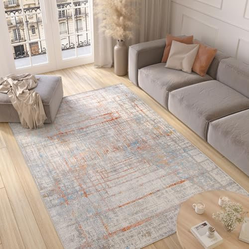 TAPISO Valley Teppich Kurzflor Grau Blau Orange Mehrfarbig Linien Meliert Verwischt Modern Abstrakt Design Wohnzimmer Schlafzimmer ÖKO-TEX 200 x 300 cm