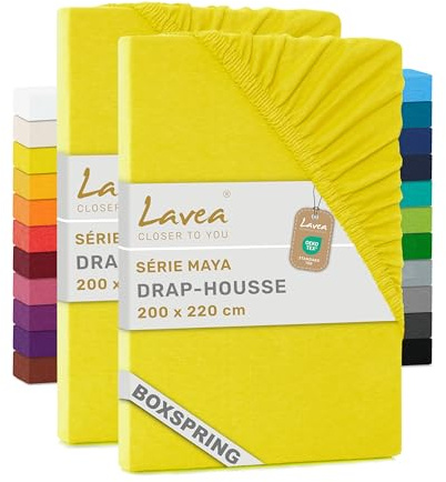 Lavea® 2er Pack Spannbettlaken 200x220cm – Sonnengelb | 100% Baumwolle – Für Boxspringbetten und Wasserbetten – Für Matratzen bis ca. 35 cm Höhe – Formstabil
