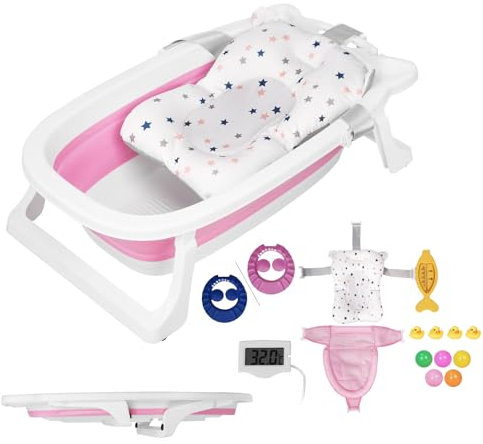 Baignoire Pliable Pour Bébé, Bain Bébé avec Support, Baignoire bebe pour Douche avec pieds Antidérapants et Affichage de la Température (Rose)