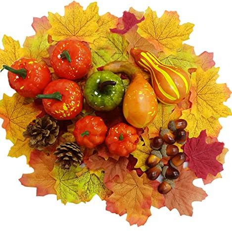 50 Stück Künstliche Kürbisse Set,Herbst Deko Kürbis Deko,Herbst Mini Kürbis Ahornblätter Eicheln Tannenzapfen,Künstliche Ahornblatt Deko,Simulationskürbis für Herbstdeko Halloween Thanksgiving