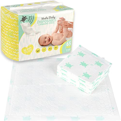Vesta Baby Disposable Changing Pads - 65 Soft Absorbent Leak Proof Incontinence Mats - Newborn Portable Nappy Change Underpads - Protection Waterproof Liners