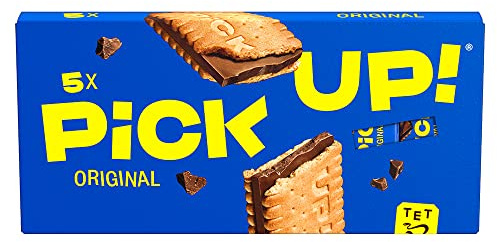 PiCK UP! Original, Riegel mit knackiger Milchschokoladentafel zwischen zwei knusprigen Keksen, der Snack für unterwegs, 5er Multipack, 5 x 28g