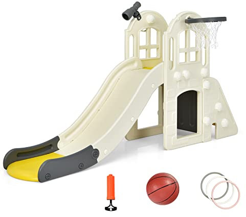 DREAMADE 6 in 1 Kinder Rutsche mit Basketballkorb & Klettern & Ringwurf & Tunnel & Teleskop, Kinderrutsche, Kinder Spielplatz für Jungen & Mädchen 3-8 Jahren (Gelb)