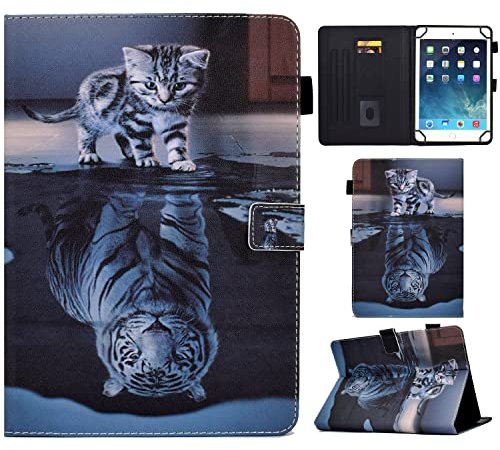 KEROM 10.1 Zoll Tablet Hülle - PU Leder Schutzhülle für 9,5 bis 10,5 Zoll Android/iOS/Windows Tablets - Katze Tiger