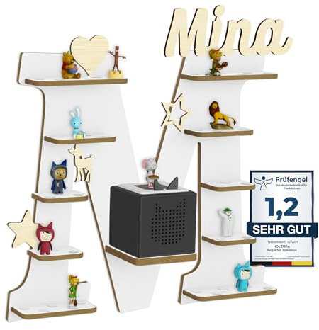 Holzura Tonie Regal für Toniebox, Toniebox Regal personalisiert mit Name und Holzsymbolen, Tonie Aufbewahrung (Buchstabe M)