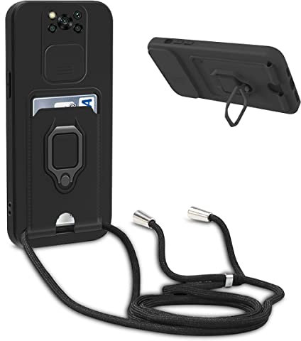 xinyunew Schiebe Kameraschutz Silikon Handykette Hülle kompatibel mit Xiaomi Poco X3 NFC/Poco X3 Pro/Poco X3, Metall Ring Halter Handy Cover,Verstellbarer Halskette Handyhülle-Schwarz