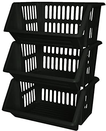 ZARVICZONIA Large Stacking Storage Baskets Veg Rack, Durable Plastic Stackers, Dimensions: 36 cm (L) x 30 cm (D) x 17.5 cm (H) (Black, Pack of 3)