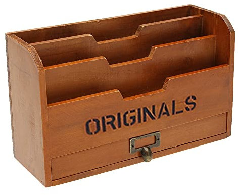 QARIDO Porta documenti in legno rustico da parete, con 3 griglie e cassetti per documenti, documenti, documenti, documenti
