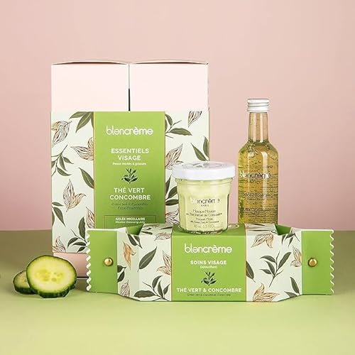 Blancrème - Coffret Cadeau 3 soins Visage Thé Vert Concombre: Gelée Micellaire, Exfoliant Visage, Masque visage, jusqu'a 98% d'ingrédients d'origine naturelle - Made in France