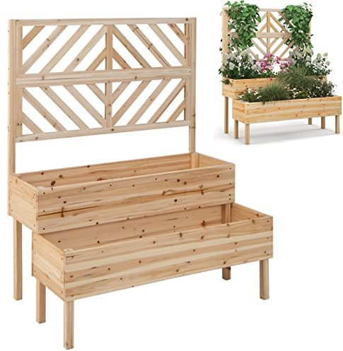 GiantexUK 2-Tier Garden Bed with Trellis, Wood Garden Planter with Drainage Hole, Outdoor Elevated Flower Pots Planting Box for Climbing Plants Vine Vegetables Herbs (Natural, 109x62x135cm)