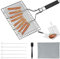 SIMDAO Stainless Steel Barbecue Basket Set, Rectangular Fish Roaster, Foldable Grill Tray, Includes Oxford Bag, 5 Kebab Skewers, Silicone Brush, Dishwasher Safe, Silver