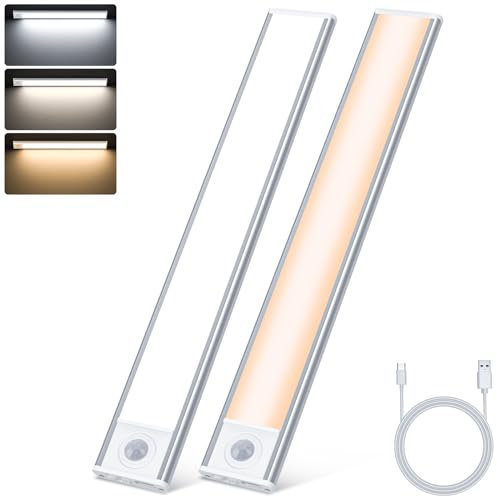 TRUMPETS 30CM Luz LED con Sensor de Movimiento 2500mAh,Luz LED Armario con 3 Color 3 Modos USB-C Recargable,108 LED Cocina Bajo Mueble para Gabinete Pasillo Escalera Sótano Cocina (2 Piezas)