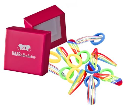 HAARallerliebst® 18 Stück Regenbogen Set Haarspangen und Haargummis Mädchen Damen, bunt, Haarklammern, 50mm Baby Kinder Haarklammer, inkl Schachtel Haarspange Haarschmuck Accessories Haargummi