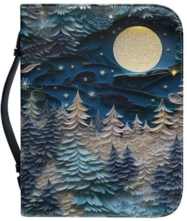 Kuiaobaty Forest Nigh Moon Buchhülle mit Griff Reißverschluss Bibeltragetasche Papier Schneiden Bäume Sterne PU Leder Buchhülle für Roman