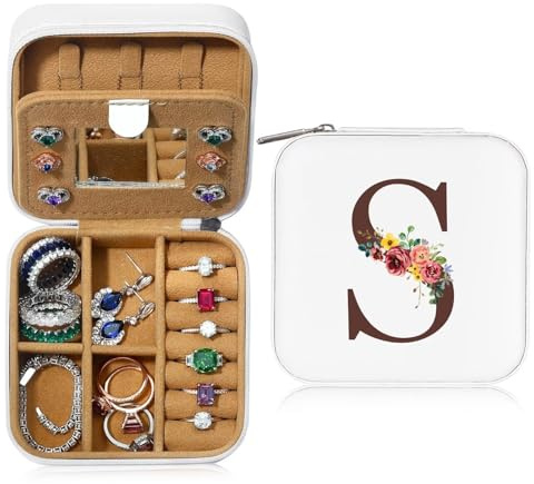 TINGN Personalisierte Schmuckkästchen mit Initiale S und Blume - Kleine Schmuckkästchen für Reisen mit Spiegel - Damen & Mädchen Geschenk für Geburtstage, Weihnachten, Muttertag, Hochzeit