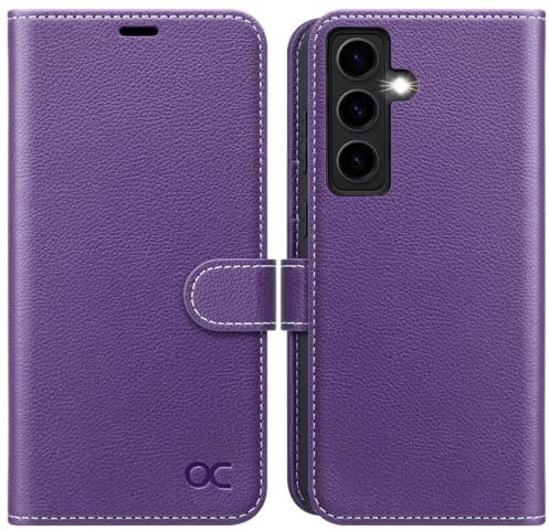 OCASE Handyhülle für Samsung Galaxy S24 5G Hülle Premium Leder Flip Klappbare Klapphülle Stoßfeste Magnetische [Standfunktion] [Kartenfächern] Schutzhülle für Samsung S24 Tasche Violett Litschi