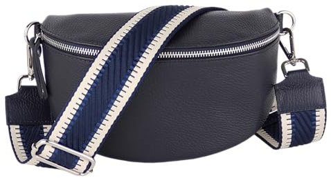 MIRROSI® Bauchtasche Damen, Echtleder, Made in Italy, Umhängetasche, Brusttasche, Crossbody Bag (1 Tasche & 2 Gurte) (Navy (Streifen), Große Tasche (28x18x9cm))