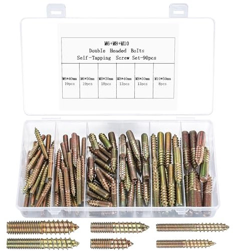90 Pz Viti per Legno, M6 M8 M10, Viti Doppia Testa Grani, Viti Autofilettanti Doppia Testa, Viti Prigioniere Acciaio Zincato per Collegamento Legno, 30/40/50 mm