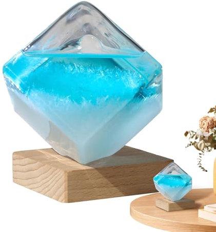 Baromètre Strom Glass - Prévisions Météo en Verre Tempête | Forme de Cube | Bouteille de Prévisions Météo À Cristaux avec Socle en Bois