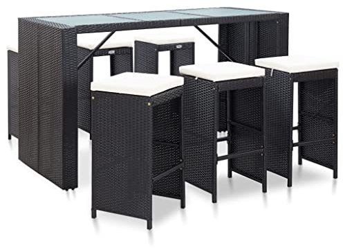 Willood 7-TLG. Gartenbar-Set mit Auflagen Poly Rattan Schwarz Elegantes Design, leicht zu reinigen, langlebig, stabil, leicht, leicht zu bewegen, abnehmbar, abnehmbar und waschba