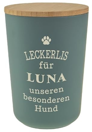 History & Heraldry Personalisierte Futterdose, Vorratsdose zur Aufbewahrung m.Holzdeckel u. Silikondichtung f.Katzen u. Hunde Accessoires - Leckerlidose Luna