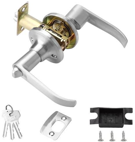 APOMOONS Door Lock with Keys, Knob Lever Door Handle Lock Door, Handles with Locks Bedroom Door Lock Door Locks Door Handles, Security Door Locks Set Internal Door Handle with Lock with Keys (Silver)