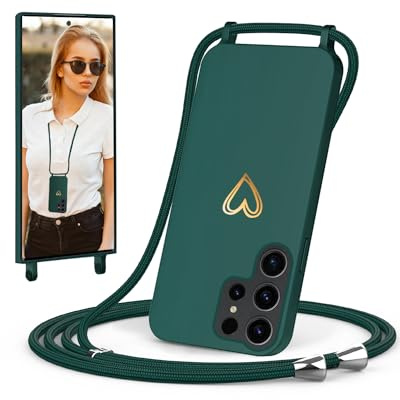 ScandiCasis Handykette für Samsung S23 Ultra mit Band, Handyhülle mit Schnur zum Umhängen, Weiche TPU Silikonhülle mit Band [Verstellbar] [Abnehmbar], Love Design Halskettenhülle, Grün