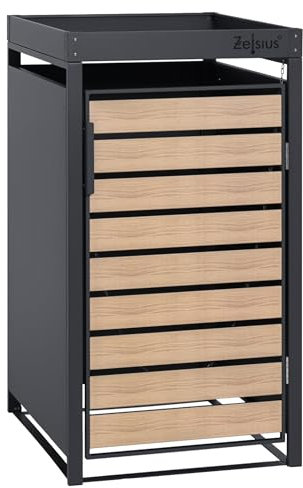 Zelsius Mülltonnenbox 1er mit Pflanzdach für 1 Mülltonne | (B) 68 x (T) 80 x (H) 124 cm | Anthrazit RAL 7016 | Tür in Holzoptik mit Erweiterungsmöglichkeit | Mülltonnenverkleidung für 1 Tonne