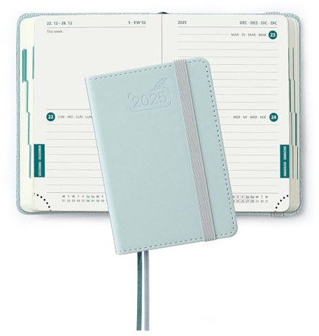 BEZEND Taschenkalender 2025 Klein A7 12 x 8 cm - 2 Tage pro Seite - Mini Terminplaner & Buchkalender 2025 mit PU-Leder Hardcover, Aquamarin