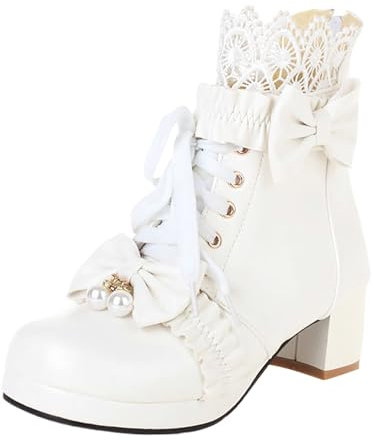 Donne Inverno Breve Stivali Anteriori Lace Up Stivaletto Tinta Unita Scarpe Lolita Stivali Da Pioggia per Le Donne Taglia 11w, bianco, 39.5 EU