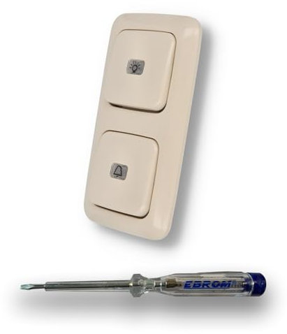 Busch Jäger Klingel & Lichtschalter Set, Glocken & Klingel Symbol, Taster permanent beleuchtet Typ 2020 USGL + Wippen mit Rahmen in DURO2000 cremeweiß + EBROM Phasenprüfer zur Montage der Geräte