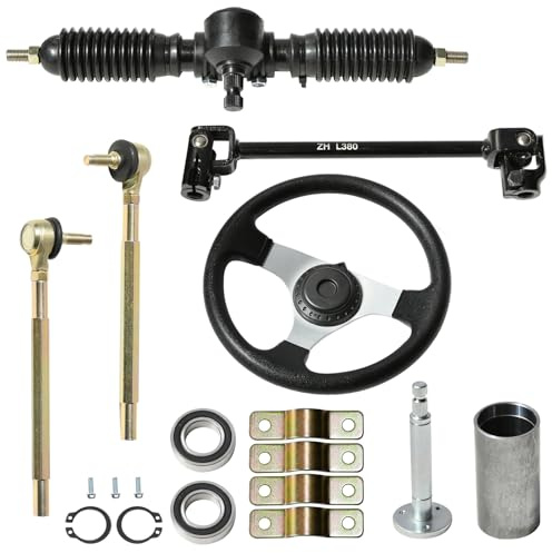 JNDO Go Kart Steering Kit - Black Iron & Plastic - Universal Fit - 380mm Shaft + 340mm Rack & Pinion + 300mm Wheel + 150mm Column + 80mm Sleeve - Suitable for Go Kart, Golf Cart, UTV