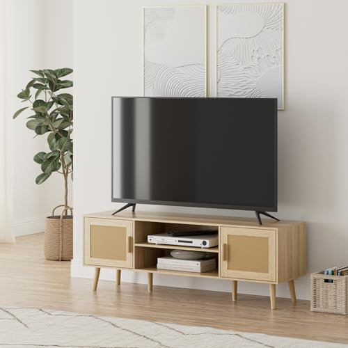 HEYZOEY Wood TV Stand, TV Unit for up to 65 Inch TV, 137cm TV Table with 2 Cabinets and Open Shelves, TV Unit Console Table for Living Room,Bedroom,Oak