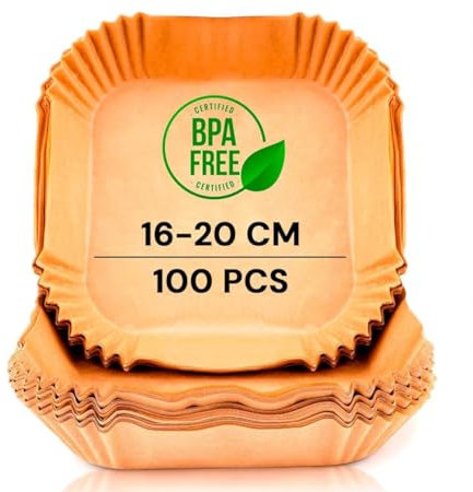 Papel freidora aire, Air fryer 100 uniades, tamaño 16-20 cm,BPA free desechable para horno accesorio freidora de aire sin aceite. Apto para 3,5-6 litros forma cuadrada (16 cm, 100, unidad)