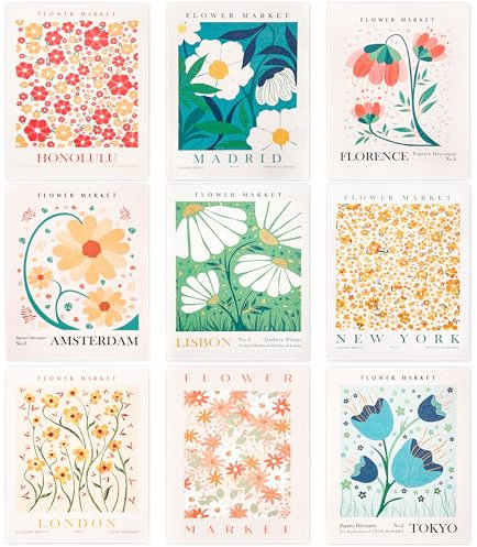 Yesaler Flower Market Poster 9 Stück Stilvolles Blumen Bilder Set 20x25cm Kunstdrucke für Wohnzimmer Schlafzimmer Esszimmer Wanddeko