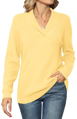 IECCP Women's Jumper V Neck Long Sleeve Collared Soft Knit Pullover Sweater | Soft knit fabric, Collared V neck, Long sleeves, Relaxed pullover fit, Solid colour, Casual office and daily wear