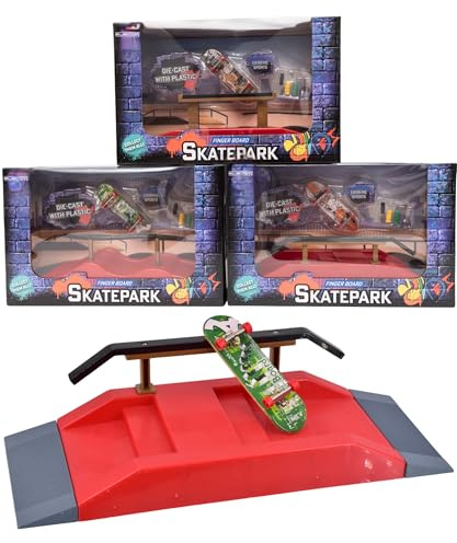 Fingerboard Skatepark Toy Set – Miniature Skateboard Play Set with Red Plastic Skatepark Base Grey Ramps Black Rail & Green Die-Cast Metal Fingerboard – Collectible Indoor Skill Toy for Kids