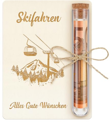 Otuuz Geldgeschenk Skifahrer Karte mit Reagenzglas für Geburtstag, Seilbahn | Holz Verpackung mit Reagenzglas, Geschenkidee für Skiurlaub, Wintersport, Geburtstag, für Freund, Familie, Kollege