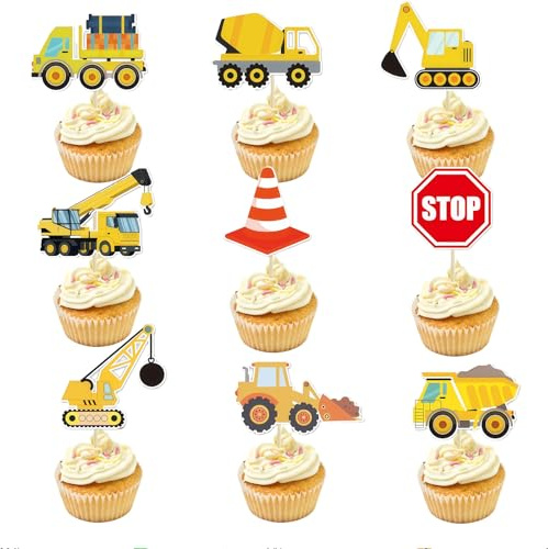 Auroriel 45 Stück Baustellen Cupcake Deko Muldenkipper Bagger Traktor Stoppschild Teil Kuchen Deko Für Baustellen Thema Kinder Geburtstag Deko Baby Shower
