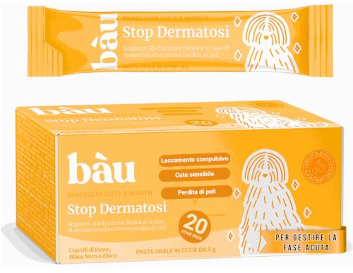 Bau Stop Dermatosi Cane e Prurito Fase Acuta, Stop Dermatite Integratore Pelle e Pelo, per Perdita Pelo, Cute Irritata, Prurito e Forfora, Supporto Funzione Dermica in 20 Sticks Appetibili