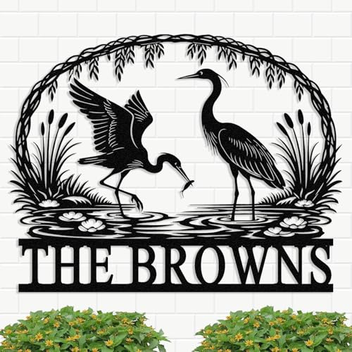 Custom Heron Family Name Metal Sign, Personalized Herons Bird Decor for Home, Garden or Lake House, Nautical Coastal Decor, Housewarming Gift (Heron C)