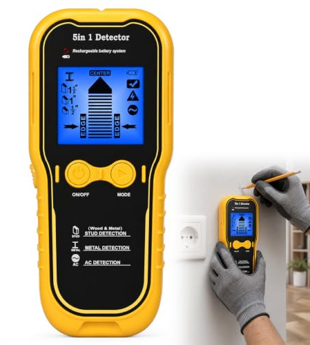 Yaskyly Rilevatore da Parete 5-in-1, Scanner da Parete con Batteria Ricaricabile 1200mAh, LCD Retroilluminato e Segnale Acustico, Rilevatore di Perni per Legno, Metallo, Cavi Elettrici AC