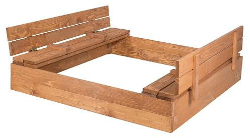Springos Holz Sandbox 120x120 cm mit umweltfreundlicher wasserbasierter Imprägnierung, abgerundeten Kanten, inkl. Geotextil, hochwertige Kiefer, Selbstmontage, langlebige 18-20mm Bretter, Made in EU