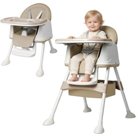 TATIVALO Baby Hochstuhl 4in1 ab 6 Monaten klappbar höhenverstellbar Beige | Kinderhochstuhl mit Sicherheitsgurt, Essstuhl mit Abnehmbarem Essbrett, Mitwachsend, für Mahlzeiten, Spielen & Lernen
