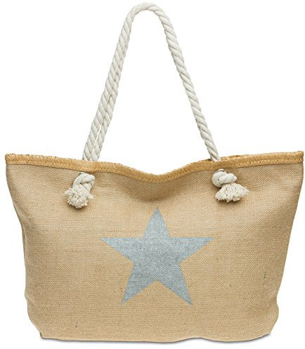 Caspar TS1026 XL Damen Jute Naturfaser Strandtasche/Shopper mit stylischem Stern Print, Farbe:silber, Größe:One Size