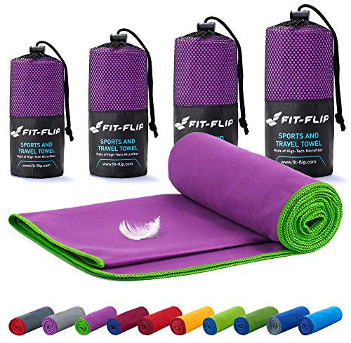 Fit-Flip Toalla Microfibra - Toallas Microfibras para el Gimnasio, Viaje, Piscina y Playa Grande de Natacion - compacta, Ultraligera y de Secado rápido (40x80cm Violeta - Borde Verde)