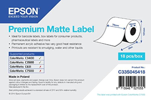 Epson C33S045418 - Premium Etiketten Matt 1 Rolle - Premium Etiketten Matt, endlos Rolle: 76mm x 35m, für Color Works C3400, C3500