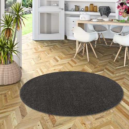 Snapstyle Hochflor Teppich Einfarbig Weich Cottage Anthrazit Rund in 7 Größen