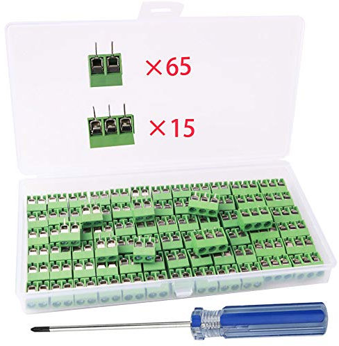 RUNCCI-YUN 80 Pezzi 5mm 10A 300V 2 Pin / 3 Pin Morsettiera a verde PCB Blu per Prototipo PCB Scheda Circuito Stampato (65pz 2 Pin, 15pz 3 Pin)