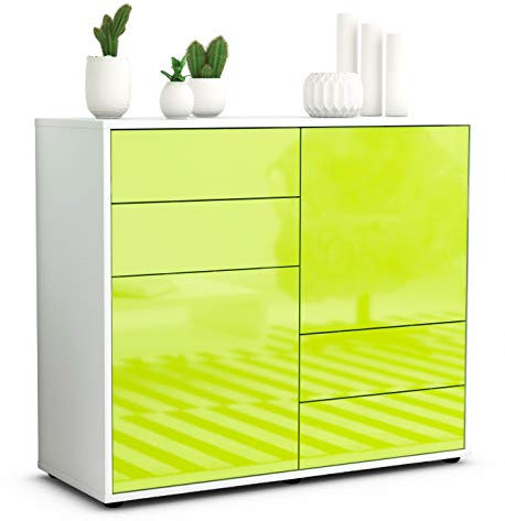 Stil.Zeit Sideboard Ciara, Korpus Weiss matt, Front Hochglanz Limettengrün (92x79x35cm) Push-to-Open Technik & Leichtlaufschienen